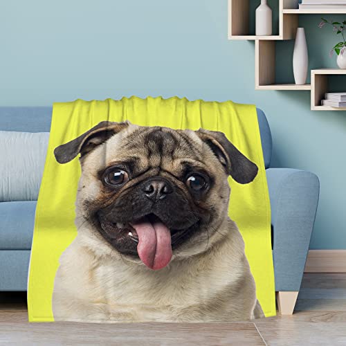 Doinbee Pug Blanket Funny Dog Puppy French Bulldog On Yellow Throw Blankets Gift For Pug Lovers Girls Boys Kids, Soft Fluffy Fleece Flannel Air Conditioning For Bed Couch Blanket Bedding 60"X50" #TOP3