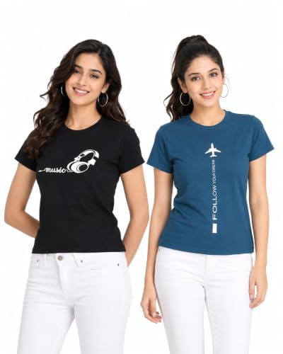 Image of Women's Slim Fit Graphic Printed T-Shirt | Soft 100% Cotton Fabric | Round Neck Half Sleeve Casual Top, Travel & College Pack of 2 Set