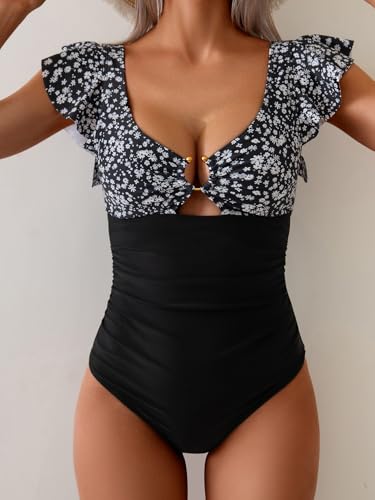 Image of Eomenie Womens Ruffled One Piece Swimsuit Slimming Tummy Control Bathing Suit V-Neck Cutout Swimwear for Resort Wear