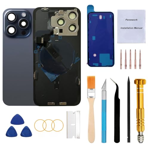 Perzework Rear Back Glass Replacement for iPhone 15 Pro Max 6.7-inches with Reparing Tool Kit and All Necessary Parts (Blue Titanium)