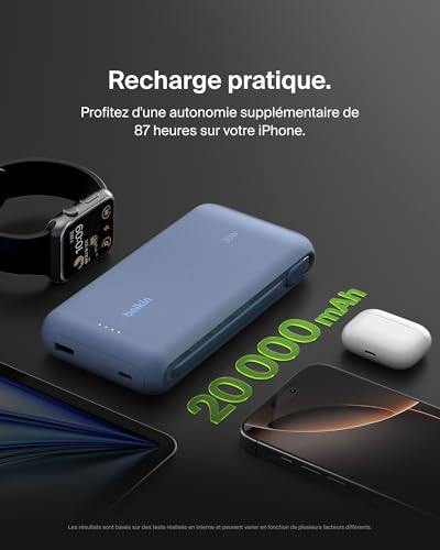 Belkin Batterie Externe (câble intégré, 20K, PD 30 W, Recharge Rapide USB-C Power Delivery, Chargeur Portable pour Tous modèles d’iPhone 16, iPad Pro, Galaxy S25, etc., Bleu)