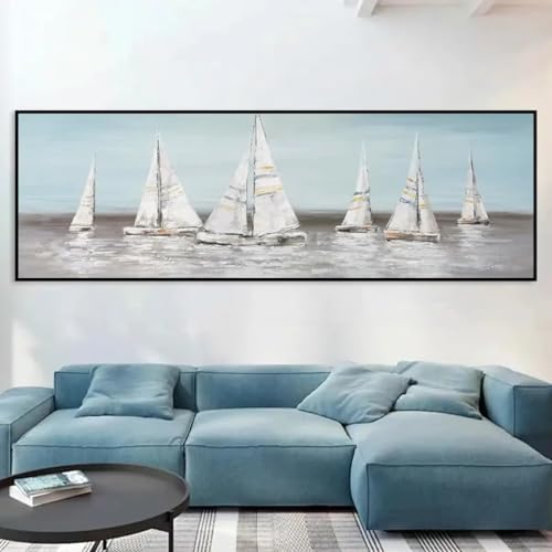 Toile voilier blanc paysage marin pour grand mur de salon nordique