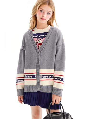 Girls Grey Knit Cardigan with Red & Blue Stripes - Cozy Long Sleeve Open Front Sweater with Logo Detail 6-16Y3