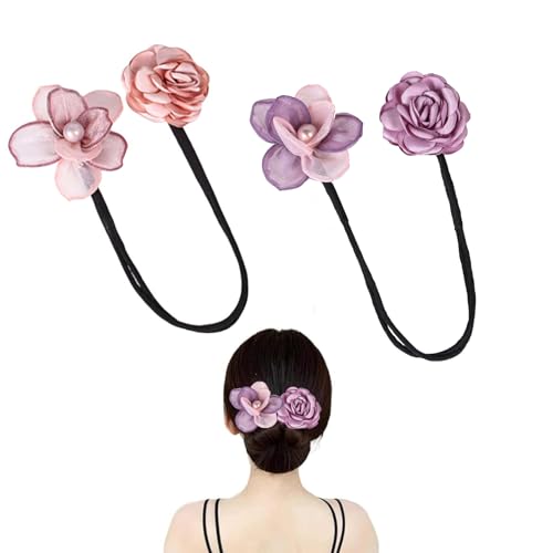 clino 2 Pcs Hair Bun Maker Deft for Women French Twist Hairstyle Pearl Flowers Deft Bun Maker Magic Donut Plate Hair Artifact Reusable Lazy Curler Accessories for Girls (purple)