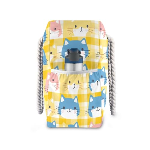 Yellow Colorful Cats Sturdy Beach Bags And Totes with side pocketes Large Beach Bags with zippered pockets3