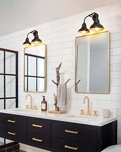 Image of 18-Inch 2-Light Farmhouse Bathroom Vanity Light Over Mirror, Black | Rustic industrial style, metal construction, 2 E26 sockets, 60W max each, dimmable, 7.08 in. shades, bathroom mirror, bedroom