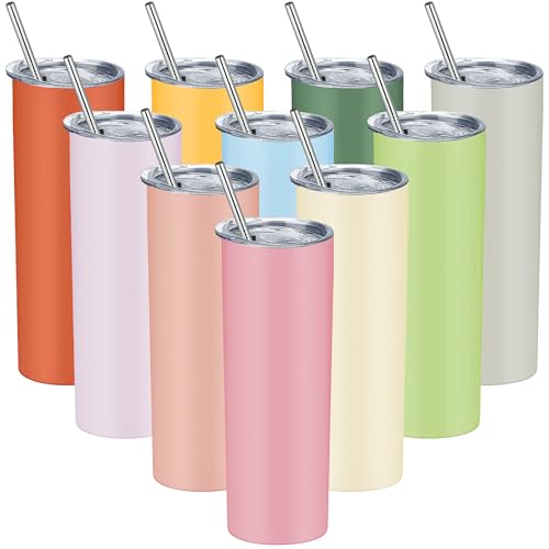 LYCN 10 Pack Skinny Tumbler Bulk, 20 oz Stainless Steel Straight Tumblers with Lids and Straw, Colorful Double Wall Vacuum Insulated Slim Tumbler Cup for Travel Hot Cold Drink (10 Colors)