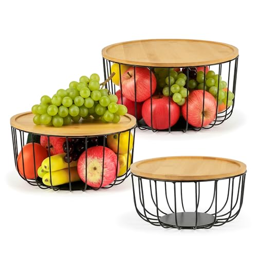 WELTOKE 3 Pack Fruit Basket For Kitchen Counter Stackable Mesh Fruit Basket With Bamboo Lid Large Fruit Bowl For Fruit And Vegetable Storage Pantry Organizers
