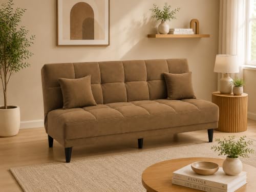 Image of Adorn India Alyssum 3 Seater Sofa Cum Bed 4X6 Velvet 2 Cushions (Color Camel) and Suitable for All Indoor, with 3 Years Warranty