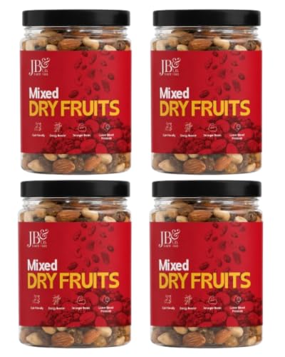 JB&CO Mix Dry fruits 1kg pack, Trail Mix, in convenient Jar packs, Panchmeva, mix of (apricots, cashews, Almonds, yellow raisins, black raisins and figs), super food, healthy and tasty. (4 X 250g)
