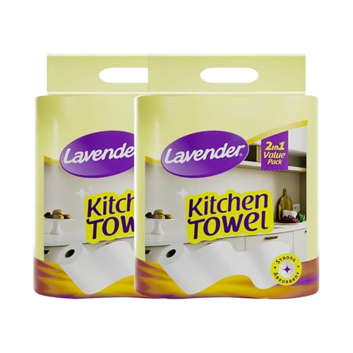 LAVENDER Kitchen Towel 4 Roll X 100 Pulls Pack | Super Absorbent Virgin Fibre Paper Towels | Soft Strong Multi-Purpose Kitchen Tissue Rolls | Daily Cleaning Cooking Drying | Hygienic Disposable Wipes