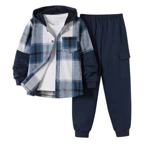 Image of 2Pcs Boys Clothes Sweatsuit Set Hoodie Flannel Plaid Shirt and Jogger Pants for Kids Fall Winter Spring Outfits