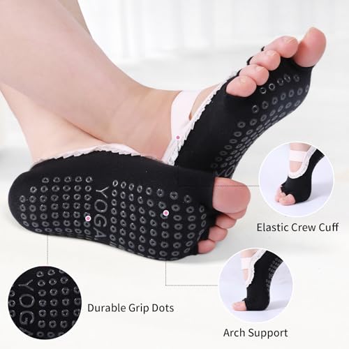 Image of Women's Fashion Toe Separator Yoga Socks with Non-Slip Grips, Lace Trim - Breathable & Stretchy for Pilates, Ballet, Gym, Barre Workouts.(Black)