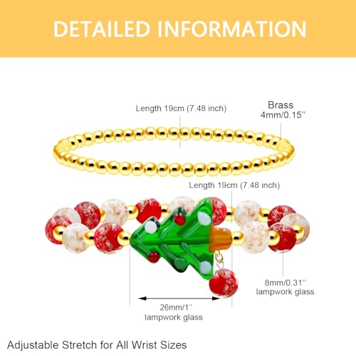 Image of 2 Christmas Couple Bracelets, Santa /Christmas Starfish /Christmas Tree Charm and 4mm Brass Beaded Stretch Bracelet for New Year Gifts for Family and Friends
