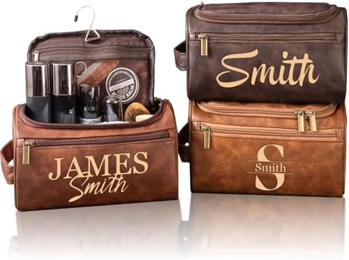 Personalized Leather Toiletry Bag for Men, Engrave Your Name Initials, Customized Travel Shaving Dopp Kit Bag for Groomsmen Best Man, Gift for Father Day gifts, Dad, Birthday, Husband, Grandpa, Lover…