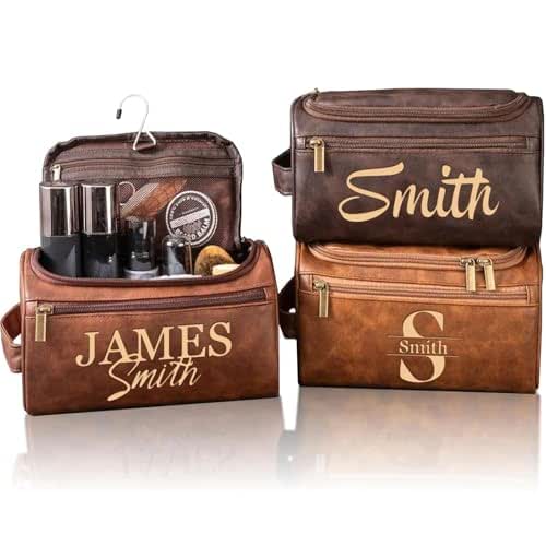 Personalized Leather Toiletry Bag for Men, Engrave Your Name Initials, Customized Travel Shaving Dopp Kit Bag for Groomsmen Best Man, Gift for Father Day gifts, Dad, Birthday, Husband, Grandpa, Lover…