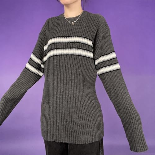 Women Vintage Striped Sweater Y2K Long Sleeve Crewneck Pullover Tops Grunge Oversized Knitwear2