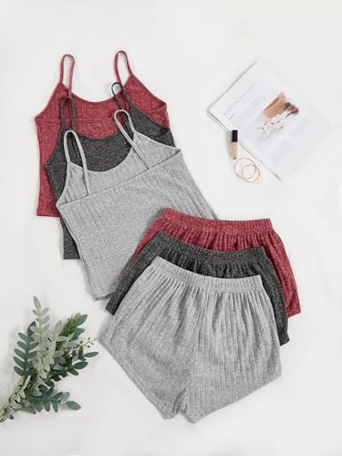 SEGT Women's 3 Sets for Women Ribbed Pajamas Crop Cami Top and Shorts Pjs Casual Sleeveless Button Lounge Set2