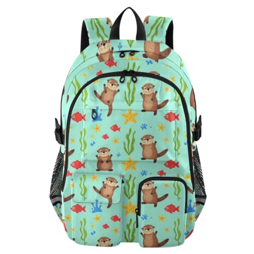 Mochila para laptop con diseño de nutria marina y algas color azul océano
