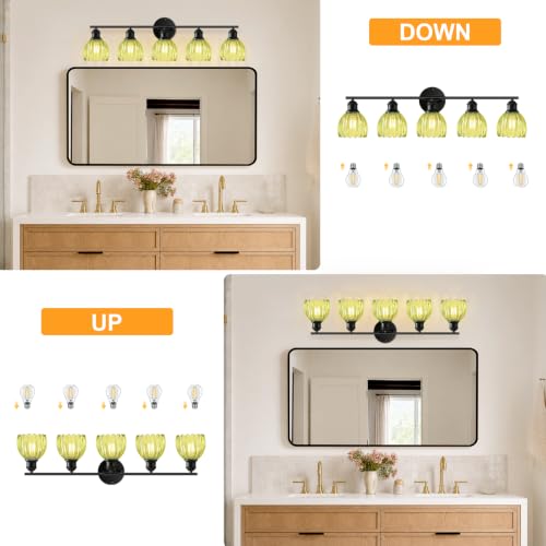 Image of Bathroom Light Fixtures, 5-Light Brushed Black Vanity Lights for Bathroom with Green Tulip Glass Shade, 30 inch Vintage Bathroom Vanity Lighting Fixtures Over Mirror for Bedroom Living Room Hallway