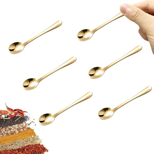 LunarCharm 6 Pieces Small Stainless Steel Spoons for Spice Jars, Mini Size, Cute Little Spice Spoons for Spices, Salt, Sugar, Fun Little Scoops, Gold