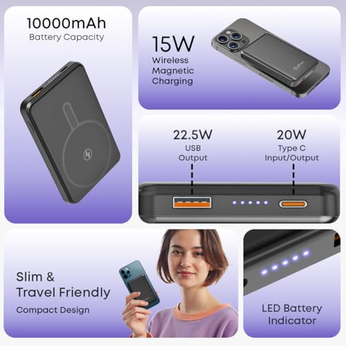 Image of pTron MagSafe Magnetic Wireless 10000mAh Fast Charging Slim Power Bank, Strong Magnet, 22.5W Output, Compatible with iPhone 12, 13, 14, 15, 16, Android & Other Qi Enabled Devices, Dynamo Flash (Black)
