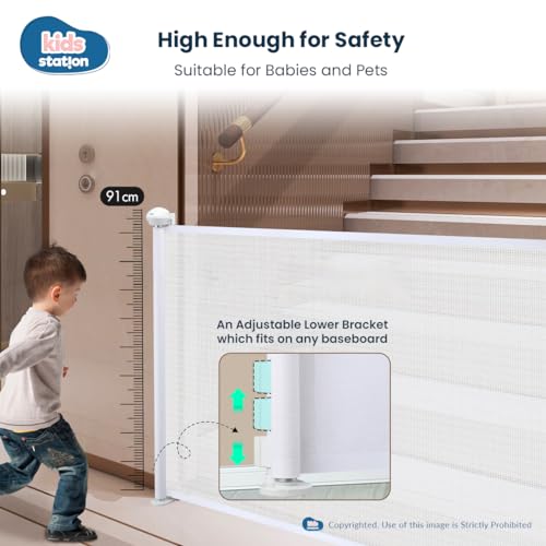 Image of Kids Station Baby Retractable Safety Gate - Gate with Two Way Auto Close - Adjustable Width - Height 90cm or 2.9ft - Expandable to 140cm or 4.6ft (White)