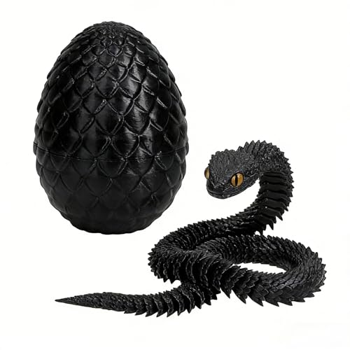 3D Printed Black Snake Egg with Articulated Snake Inside - Flexible Joint Toy & Desk Decor, Crystal Animal Model for Office & Home Collection (8.5cm Egg + 30cm Snake)
