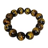 梵字ブレスレット パワーストーン 風水 開運梵字 守護ブレスレット 梵字金彫り お守り数珠 ブレス念珠 (タイガーアイ 丸玉龍柄)