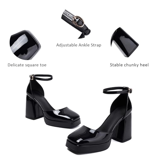 Women's Platform High Chunky Heel Closed Square Toe Pumps With Adjustable Ankle Strap Fashion Patent Leather Comfortable Non-Slip Y2K Sandals for Party Dress Wedding4