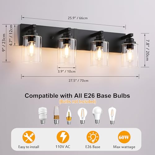 Image of Black Bathroom Light Fixture, 4 Light Matte Black Vanity Light, 27.5 inch Modern Bathroom Lighting Fixtures Over Mirror, with Clear Glass Shade, Vanity Lights for Bathroom Bedroom Hallway