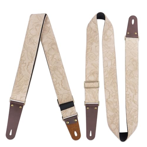 Czzmy Adjustable Guitar Strap Includes 2 Strap Locks & 2 Matching Picks.Leather ends Guitar Shoulder Strap Suitable for Acoustic Guitar,Electric Guitar,Gift for Guitarist(1-Carved White) - Image 2