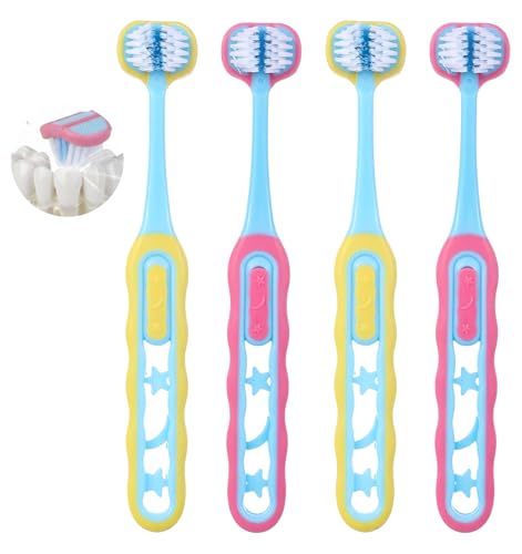 4 Pack 3 Sided Toothbrush Kids, 3 Sided Toothbrush, Autism Toothbrushes Soft Bristles, Triple-Sided Design for Ages 1-12, Easy Grip Handle & Complete Care