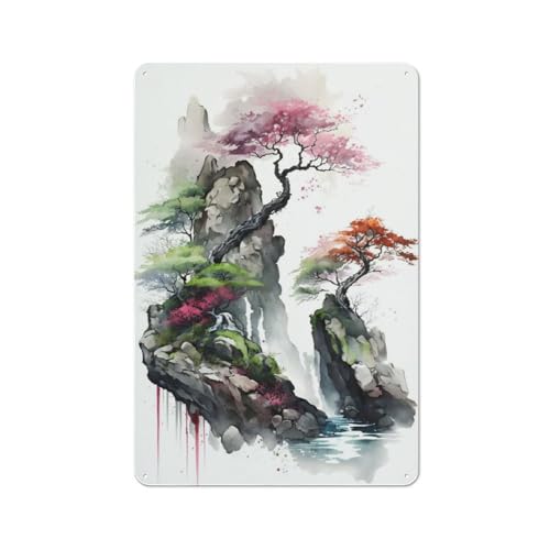 Image of Cherry Blossom Stone 01 Vintage Metal Plaque 30x20cm for Dining Room Or Kitchen, for Home Decor Collectors Refreshing A Room in Autumn