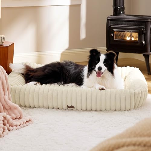 Image of Bedsure ComfyFleece XL Dog Beds for Extra Large Dogs Washable,43in Cream | Furry Cute Rectangle Pet Beds,Aesthetic,Orthopedic Corduroy Fleece,Jumbo Removable Zipper Cover,Non-Slip Bottom,Up to 90 Lbs
