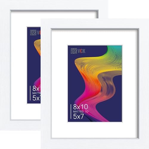Image of VCK 8x10 Picture Frame 2 Pack, White Wood, 5x7 Mat, Glass, for Photo Print