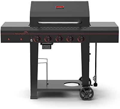 Megamaster 720-0982 5 Burner Propane Barbecue Gas Grill, Side Shelves with Hooks, for Outdoor Cooking, Patio, Garden Barbecue Grill, 50000 BTUs, Open Chart, Black