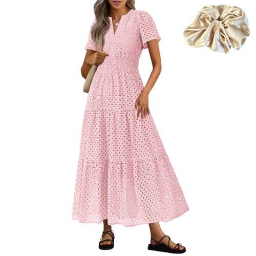 Womens 2026 Summer Maxi Dress Short Sleeve Eyelet a Line