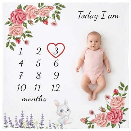 Image of vmaisi Baby Milestone Blanket Gifts for Girl - Newborn Monthly Year Infant Growth Blankets Nursery Swaddling Blankets (Flowers, Single Printed)