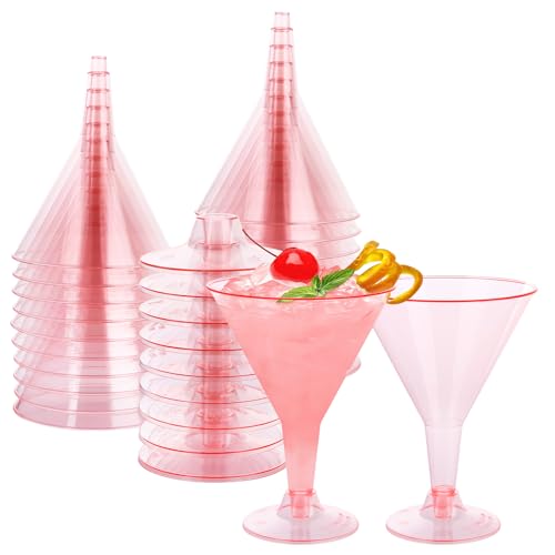 LOLYSIC 50Pcs Plastic Cocktail Glasses, 180ml Reusable Plastic Martini Glasses, Shatterproof Margarita Cocktail Champagne Mocktail Wine Glasses for Wedding Birthday Anniversary Party, Pink