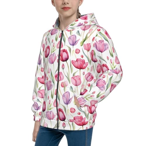 Tulip Flowers Watercolor Kid Hoodies Boys Zip Up Sweatshirts Girls Pullover with Pocket