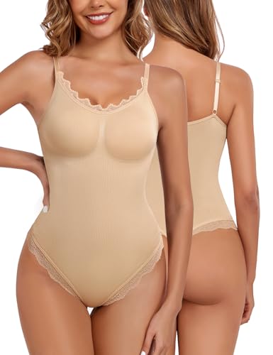 Vancavoo Shapewear Damen Bauchweg Body Shaper Skims Bodysuit Stark Formender Shape Spitzen Shapewear String Miederbody Figurformender,Beige,S