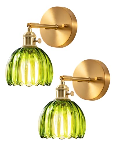 Image of EDISHINE Vintage Brass Wall Sconces with Adjustable Green Tulip Glass Shade | Hardwired, 180 & 270 Adjustable, Rotary Switch, Vintage & Modern, E26, Ideal for Bathroom, Bedroom, Hallway