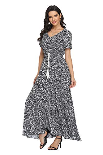 Image of VintageClothing Women's Floral Maxi Dresses Boho Button Up Split Summer Casual Long Dress Beach Party Dress