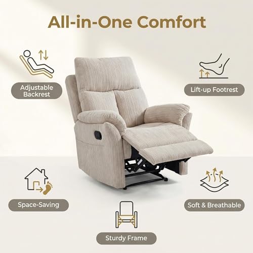 Image of Oversized Rocker Recliner Chair, Manual Swivel Rocking Recliners with Adjustable Backrest Footrest for Adults, 360 Swivel Lazy Boy Recliner Chairs for Living Room, Reading, Bedroom, Beige