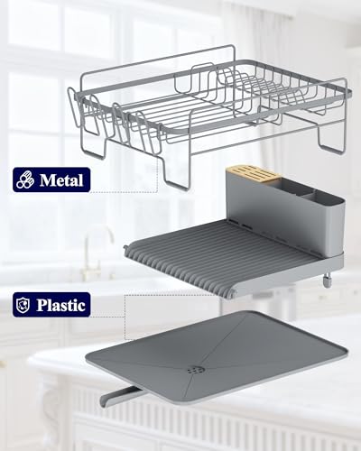 Kitsure Extendable Dish Drying Rack, Large Drying Dish Rack with Cutlery & Cup Holders, Multifunctional Dish Racks for Counter with Drainage, 18.2"-25.7" L x 12.9" W, Grey - Image 5