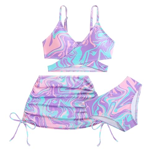 Srvak Mädchen Bikini Set,Bikinioberteil,Bikinihose und Tüllrock Bikini mit Rock Mädchen,Sommer Badeanzug für 7-12 Jahre (DE/NL/SE/PL, Alter, 9 Jahre, Regular, Lila)