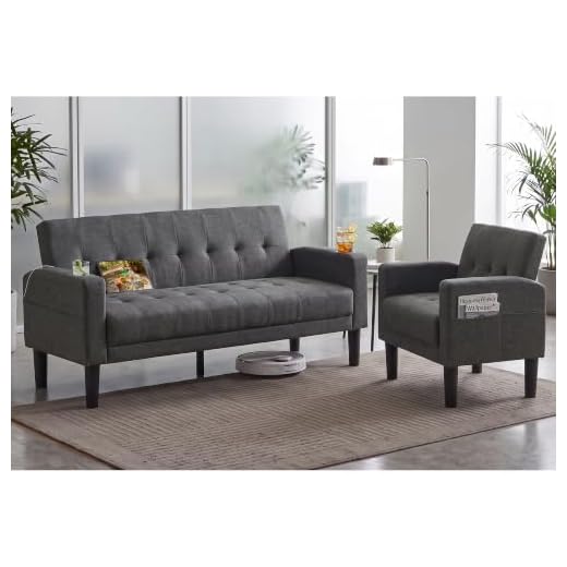 2 Piece Dark Grey Fabric Linen Mid Century Modern Living Room Sofa Set