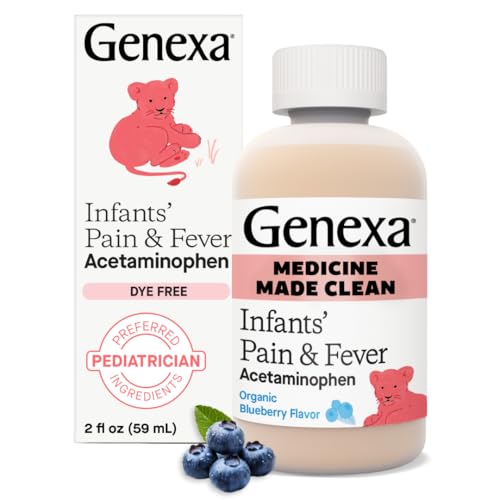 Image of Genexa Infants' Clean Acetaminophen | Pediatrician Preferred Ingredients | Pain Reliever & Fever Reducer for Babies | Dye Free, 0% Artificial Additives | Delicious Organic Blueberry Flavor, 2 fl oz