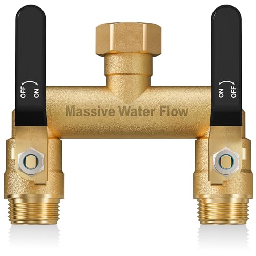 Hose Splitter 2 Way Heavy Duty, Full Flow Garden Hose Splitter with 2 Long Metal Handles, Brass Rust and Freeze Resistant Water Hose Bib Splitter, T Adapter Connector with 3/4 - Inch GHT Thread（Black）